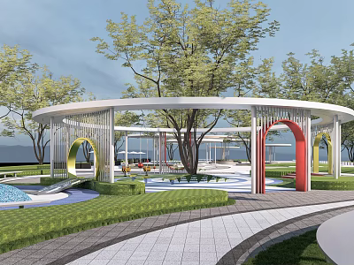 Beautiful Park Landscape With White Curved Pavilions Colorful Arches Lush Trees And Paved Walkways 3d model
