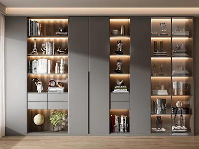 Modern Bookcase Interior Design With Glass Doors LED Lighting And Decorative Items 3d model