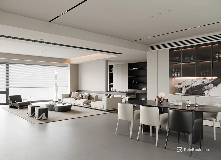 Modern Living and Dining Room Interior Design With Sofa Dining Table Chairs And Open Layout 3d model 