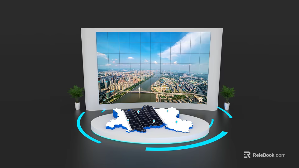 Modern Exhibition Island Featuring Large Screen Cityscape Globe Model Solar Panels And Plants 3d model 