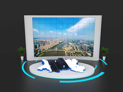 Modern Exhibition Island Featuring Large Screen Cityscape Globe Model Solar Panels And Plants 3d model