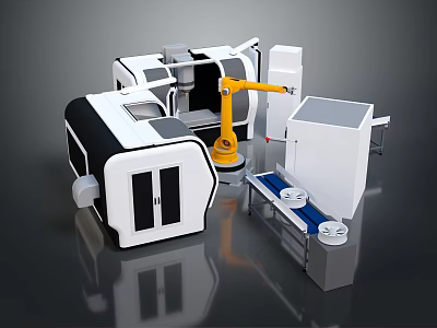 Industrial Robot Arm Operating With Automated Production Line Machines And Conveyor Belt 3d model