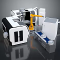 Industrial Robot Arm Operating With Automated Production Line Machines And Conveyor Belt