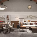 Chinese Style Interior Design Featuring Living Dining Area Wooden Furniture Pendant Lights And Landscape Painting