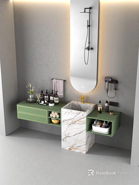 Green Bathroom Vanity With Marble Countertop Oval Mirror Wall Mounted Hair Dryer And Toiletries 3d model 