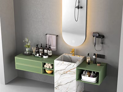 Green Bathroom Vanity With Marble Countertop Oval Mirror Wall Mounted Hair Dryer And Toiletries 3d model