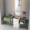 Green Bathroom Vanity With Marble Countertop Oval Mirror Wall Mounted Hair Dryer And Toiletries