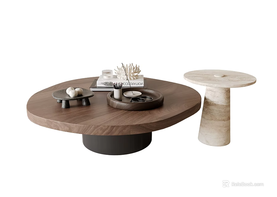 Large Round Wooden Coffee Table and Small Marble Column Table with Decorative Tray and Books 3d model 