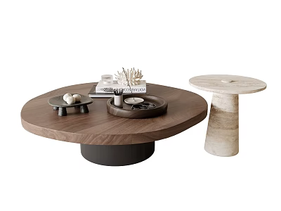 Large Round Wooden Coffee Table and Small Marble Column Table with Decorative Tray and Books 3d model