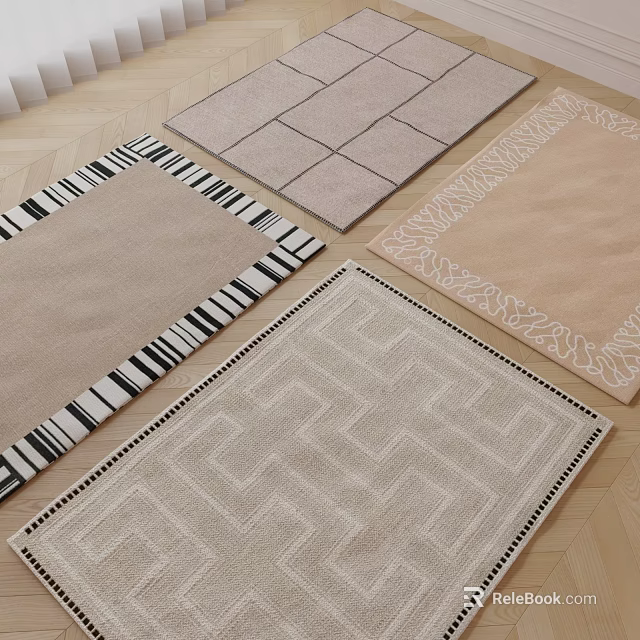 Square Rugs With Geometric Patterns And Striped Borders In Neutral Tones 3d model