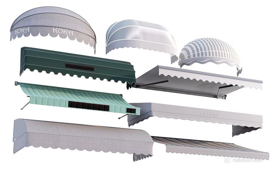 Various Styles of Awnings in Different Colors with Striped and Scalloped Designs 3d model 