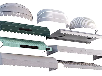 Various Styles of Awnings in Different Colors with Striped and Scalloped Designs 3d model