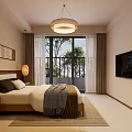 Modern Bedroom Interior With Wooden Wardrobes Pendant Light Bed Nightstands And Floor To Ceiling Windows