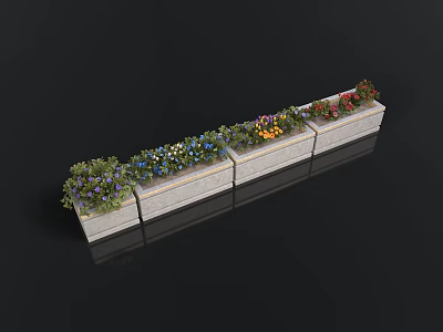 Row Of Wooden Flower Boxes With Multicolored Flowers And Greenery 3d model