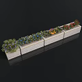 Row Of Wooden Flower Boxes With Multicolored Flowers And Greenery