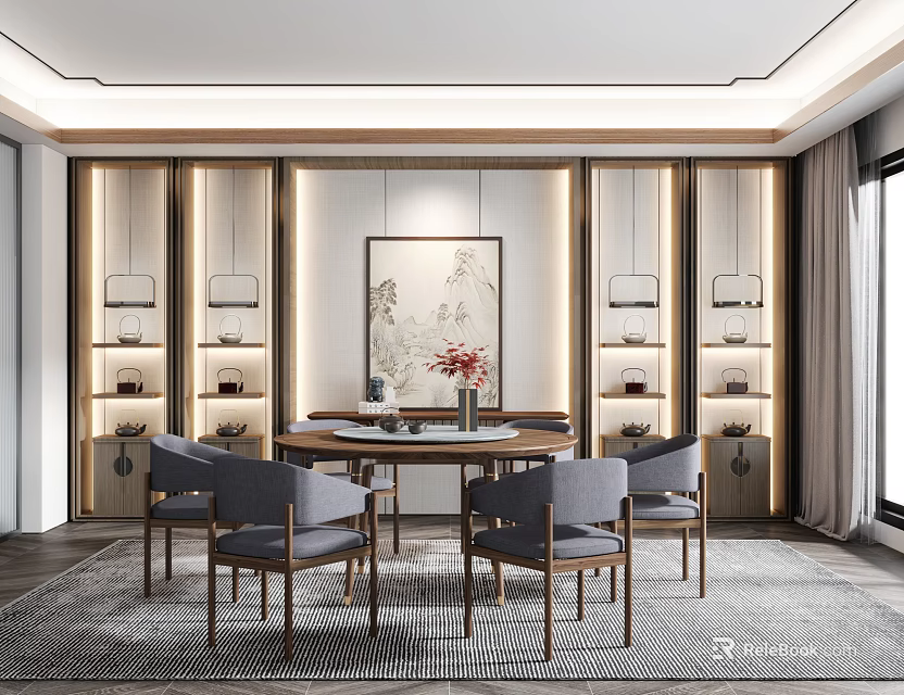 Elegant Chinese Restaurant Interior With Round Dining Table Grey Chairs And Lit Display Cabinets 3d model