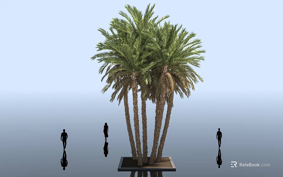Tall Palm Trees With Lush Green Foliage And People Silhouettes Under Blue Sky 3d model 