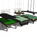 Billiards Sports Equipment With Green Felt Pool Tables And Hanging Lighting Fixtures