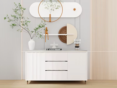 White Entryway Console Cabinet Interior With Drawers Circular Decor Potted Plant And Shelf 3d model