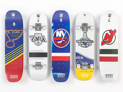 Various Skateboard Decks With Unique Designs Colors And Brand Logos Displayed Together 3d model