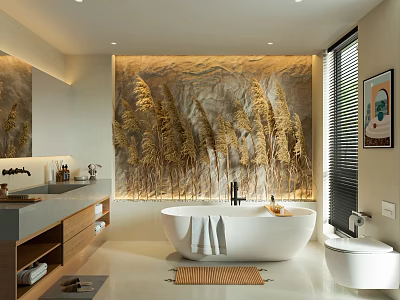 Modern Bathroom With Artistic Wall Freestanding Bathtub Double Vanities And Smart Toilet 3d model