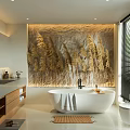 Modern Bathroom With Artistic Wall Freestanding Bathtub Double Vanities And Smart Toilet