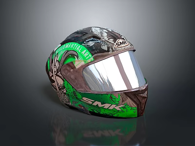 Stylish SMK Helmet With Green Black Brown Graphics And Silver Visor 3d model