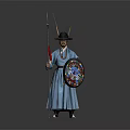 Ancient Warrior in Traditional Blue Robe Feathered Hat Holding Spear and Creature Decorated Shield