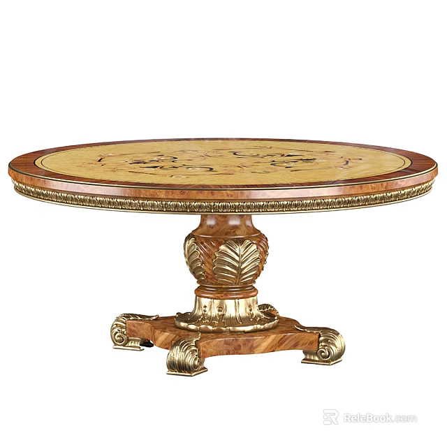 Round Wooden Dining Table with Intricate Inlaid Pattern and Ornate Gold Accent Classic Style Base 3d model 