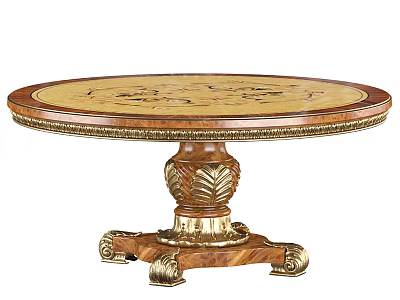 Round Wooden Dining Table with Intricate Inlaid Pattern and Ornate Gold Accent Classic Style Base 3d model