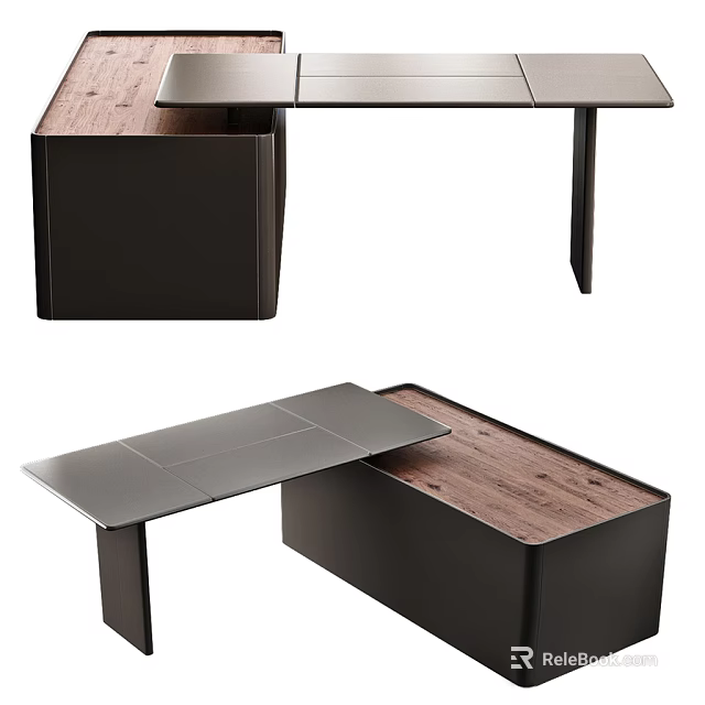 Modern Office Desk Featuring Wooden Top And Black Modular Cabinet Structure 3d model 