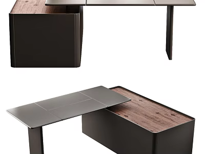 Modern Office Desk Featuring Wooden Top And Black Modular Cabinet Structure 3d model