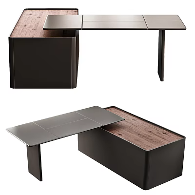 Modern Office Desk Featuring Wooden Top And Black Modular Cabinet Structure 3d model