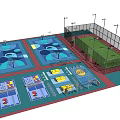 Colorful Outdoor Multi Sport Court With Basketball Hoops Lighting Poles And Yellow Equipment