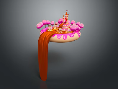Floating Castle Like Building With Pink Trees Orange Waterfall And Cake Decorations 3d model