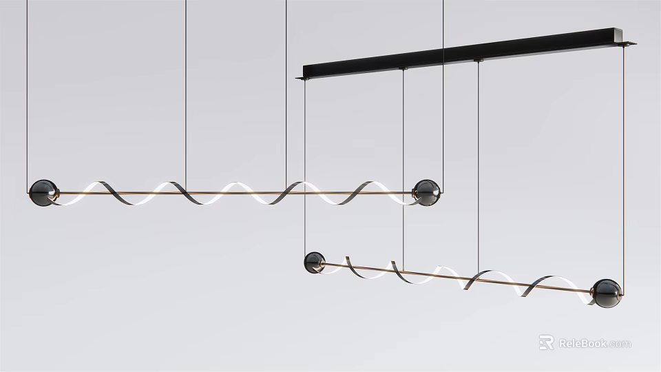 Elegant Modern Pendant Light Design With Wavy Lines And Spherical Orbs 3d model