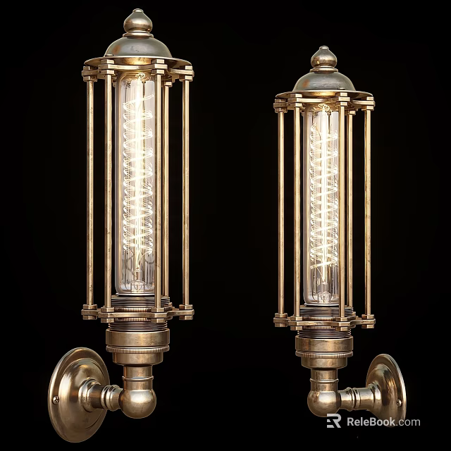Pair Of Vintage Brass Wall Lamps With Metal Frame And Filament Bulbs 3d model 