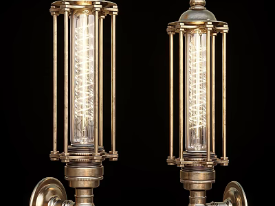Pair Of Vintage Brass Wall Lamps With Metal Frame And Filament Bulbs 3d model