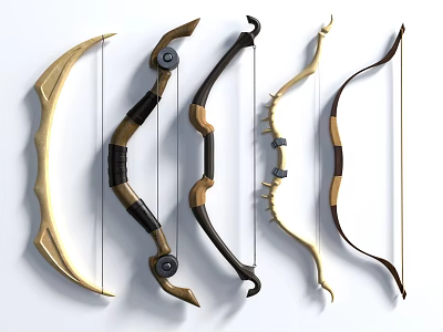 Bows With Various Designs Colors And Materials Arranged Together As Weapon 3d model