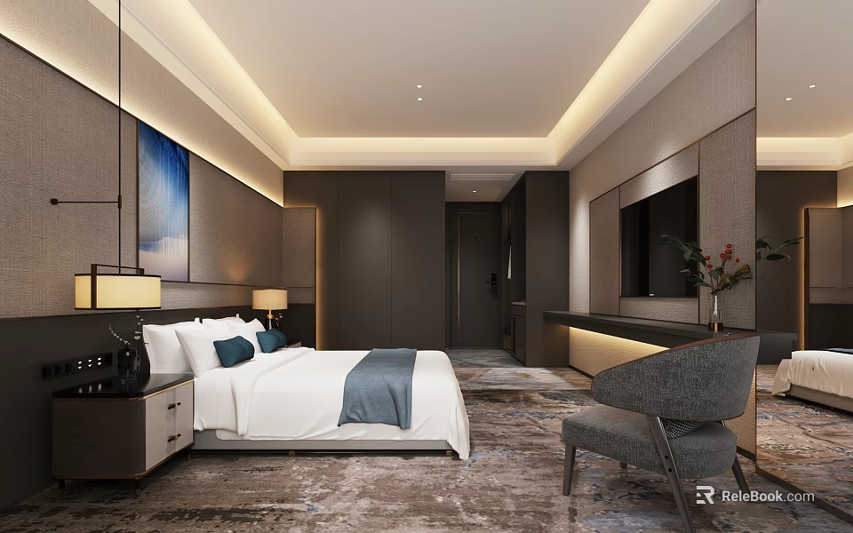 Luxurious Modern Hotel Room With King Bed Accent Chair TV And Wall Art 3d model 