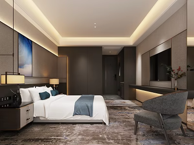 Luxurious Modern Hotel Room With King Bed Accent Chair TV And Wall Art 3d model