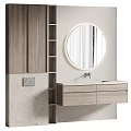 Modern Bathroom Washbasin With Illuminated Round Mirror Wooden Cabinet And Open Shelf