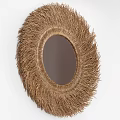 Natural Circular Woven Wall Decor With Rattan Fringed Edges And Central Mirror