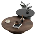 Two Round Wooden Coffee Tables With Cup Saucer Bowl Books Plant And Vase