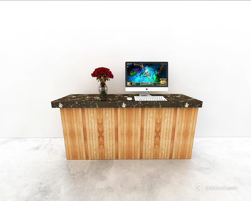 Modern Bar Counter With Marble Top Wooden Cabinet Red Flowers And Computer Monitor 3d model 