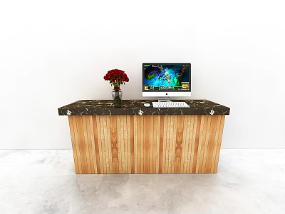 Modern Bar Counter With Marble Top Wooden Cabinet Red Flowers And Computer Monitor 3d model