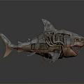 Mechanical Shark Sculpture With Steampunk Metal Gears Red Eyes And Open Mouth