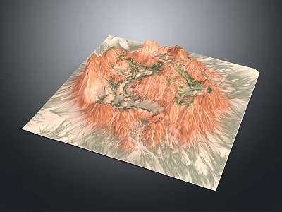 3D Terrain Model Displaying Orange Mountain Ranges And Green Vegetation Features 3d model