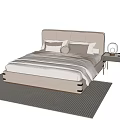 Modern Double Bed With Upholstered Headboard Colored Pillows And Bedside Lamp On Light Gray Rug