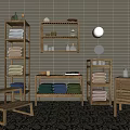 Wooden Bathroom Storage Shelves With Folded Towels Decorative Bottles And Tile Wall Background